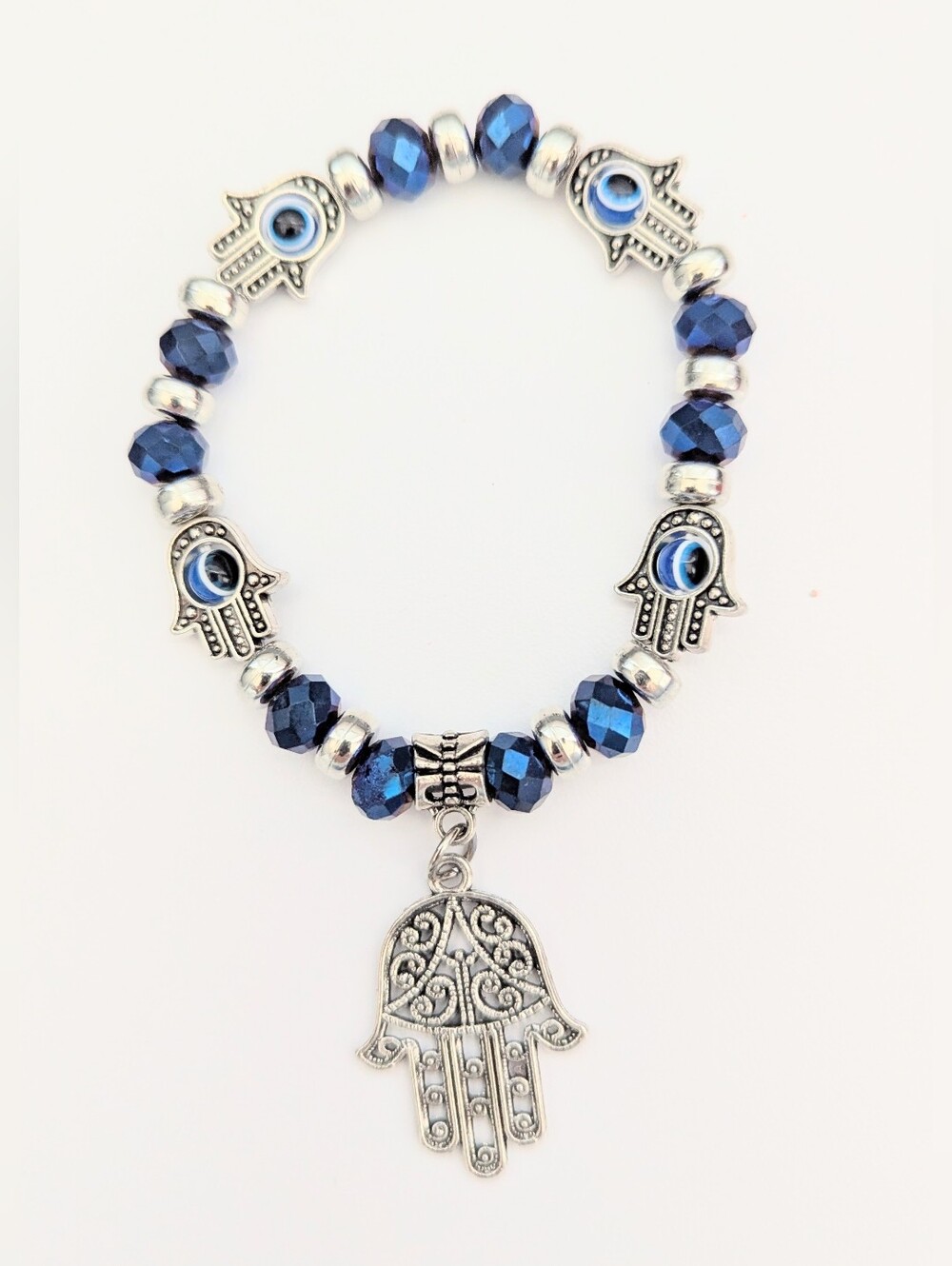NWOT Blue & Silver-Tone Evil Eye Stretch Beaded Bracelet w/Dangling Hamsa